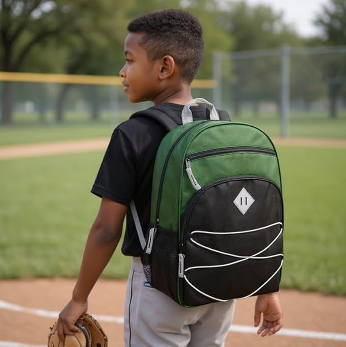 Summit Ridge Boys and Girls School Backpacks with Bungee Cord Front | 17” Multi Pocket Backpack for Kids, Teens, Adults, Travel (Green/Black)
