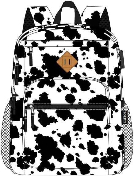 ZORFIN 36L Backpack for College, and Travel: Water Resistant Bookbag with 8 Compartments - Cow Print Black
