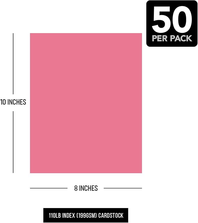 8 x 10" Cherry Pink Pastel Color Cardstock Paper – Great for Arts & Crafts, Wedding Invitations, Cards and Stationery Printing | Medium to Heavy Card Stock 110lb Index (199gsm) | 50 Sheets per Pack