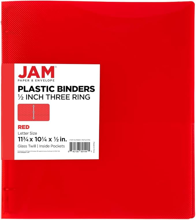 JAM PAPER Plastic 0.5 inch Binder - Red 3 Ring Binder - Sold Individually