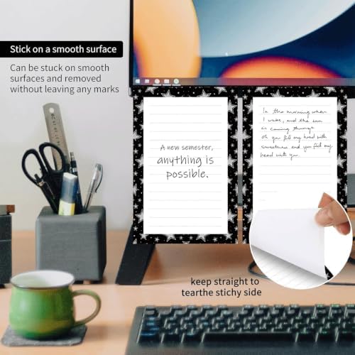2 Pack Lined Sticky Notes 4x6 in, Cute Self-Stick Notepads with Lines, Large Memo Pads Strong Adhesive for Office, Home Black Stats