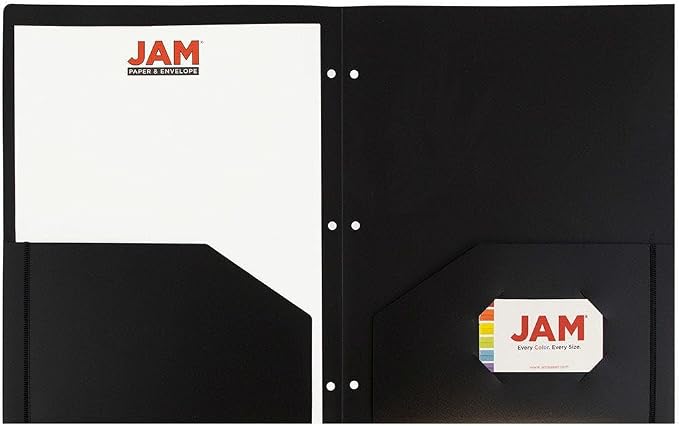 JAM PAPER Heavy Duty Plastic 3 Hole Punch Pocket Folders - Extra Tough School Folders - Black - 24/Pack
