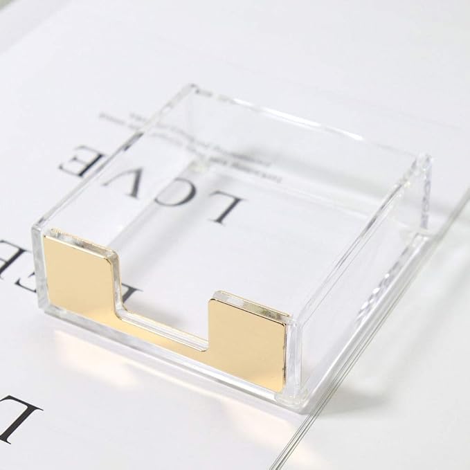 Buqoo Acrylic Sticky Notes Pad Holder Desk Organizer 3.5x3.3 Inch Memo Holder for Office Supplies(Gold) Clear Office Desk Accessories for Schools Office Home Classroom Desk Supplies