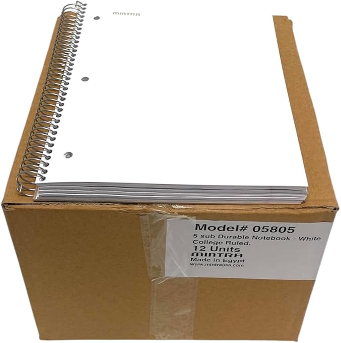Mintra Office Durable Spiral Notebooks, 5 Subject (White, College Ruled 12pk)