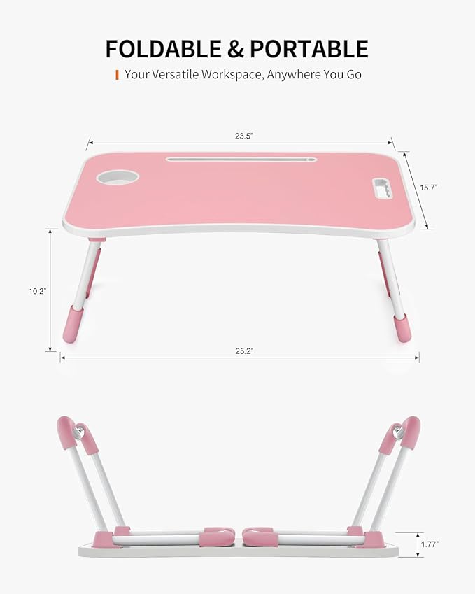 FISYOD Foldable Laptop Table, Portable Lap Desk Bed Table Tray, Laptop Stand with Cup Holder & Tablet Slot & Lifting Handle for Working Writing Drawing & Eating (Pink)