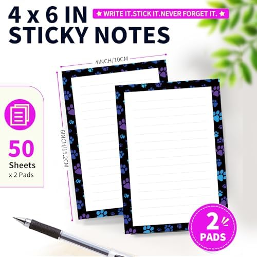 Lined Sticky Notes 4x6 in, 2 Pack Large Cute Notepads with Lines Self-Stick Note Pad, Funny Memo Pads Strong Adhesive for Office, Home Black Purple Dog Paws