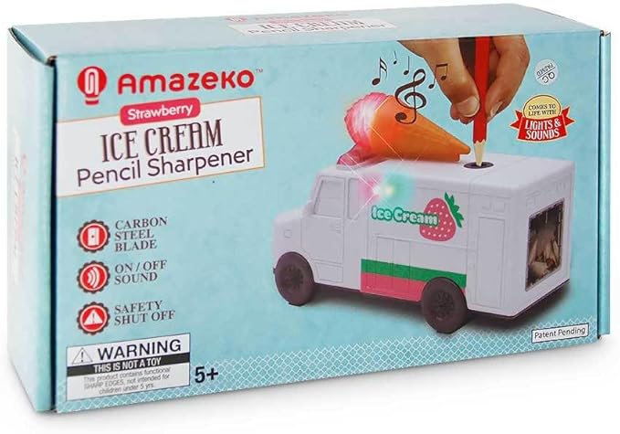 Amazeko Electric Pencil Sharpener with Ice Cream Lights and Music for Kids. Great for Back to School, Birthdays, and Holidays (Strawberry)