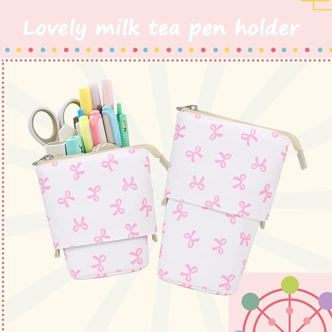 KPX Cute Standing Pencil Case Pen Holder for Kids, Pop Up Stand UP Bubble Tea Pen Organizer Kawaii Stationary for Christmas Holiday New Year Office (Bow)