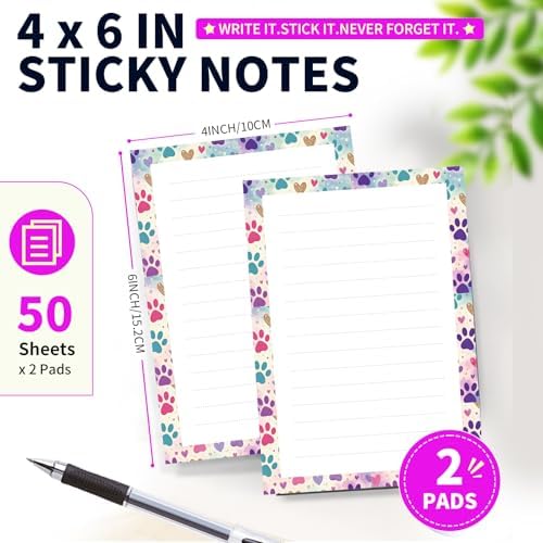 Lined Sticky Notes 4x6 in, 2 Pack Large Cute Notepads with Lines Self-Stick Note Pad, Funny Memo Pads Strong Adhesive for Office, Home Colorful Cute Dog Paws