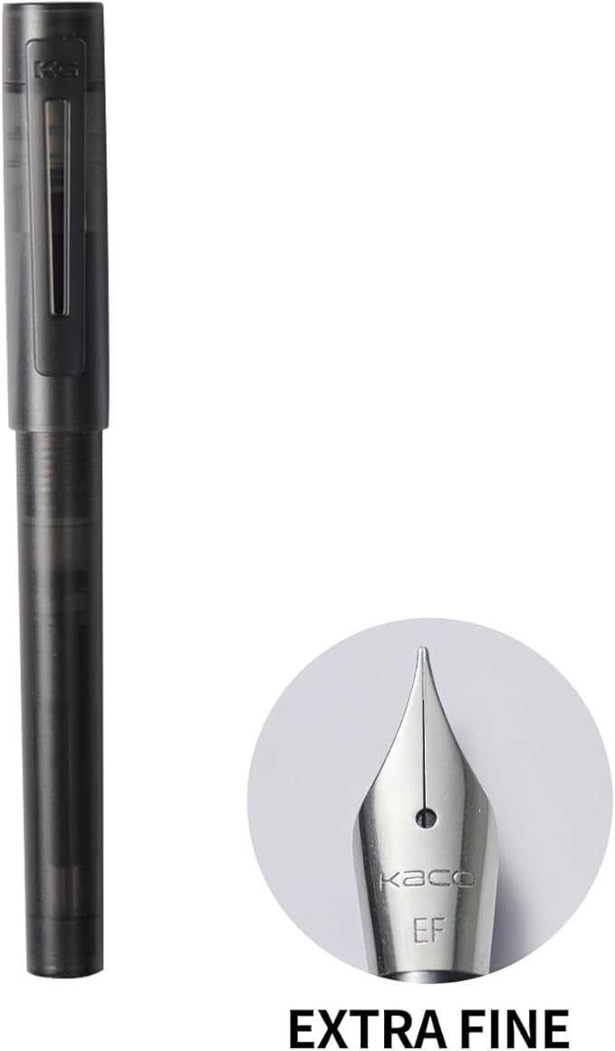 Kaco SKY Fountain Pen with Extra 8 Cartridges, Black Ink Pen with Extra Fine Nib and Ink Converter, Black