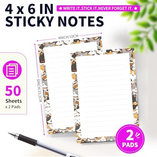 Lined Sticky Notes 4x6 in, 2 Pack Large Cute Notepads with Lines Self-Stick Note Pad, Funny Memo Pads Strong Adhesive for Office, Home Cute Cat Coffee