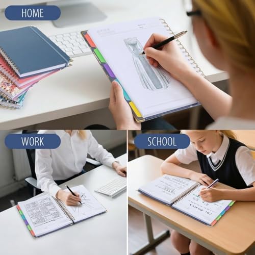 Hardcover Leather Spiral Notebook 8.5" x 11" with Removable Dividers, 300 Pages 5 Subject College Ruled Notebook for Work with Tabs, A4 Spiral Journal for Women Men, School Students Note Taking, Navy