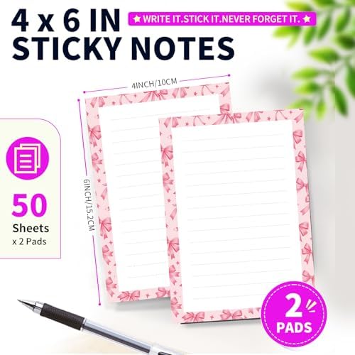 Lined Sticky Notes 4x6 in, 2 Pack Large Cute Notepads with Lines Self-Stick Note Pad, Funny Memo Pads Strong Adhesive for Office, Home Pink Cute Bowties