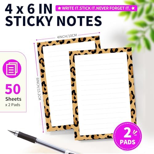 Lined Sticky Notes 4x6 in, 2 Pack Large Cute Notepads with Lines Self-Stick Note Pad, Funny Memo Pads Strong Adhesive for Office, Home Brown Luxury Leopard