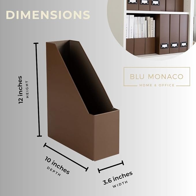 BLU MONACO | Cardboard Magazine File Holder Set of 6 | Vertical Magazine File Holder with Leather Label Slots | Standing File Holder and Cardboard Bins for Shelves Desk Office