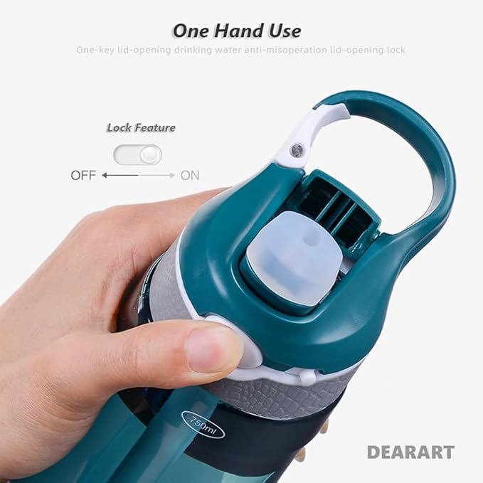 DEARART 2-Pack 24oz Pink & Dark Cyan Water Bottles With Straw, Leakproof BPA FREE Hidden Nozzle, Flip Up Lid Has Handle Wide Bottle Easy Clear, Suit Office Yoga Outdoor Sports Travel Gym.