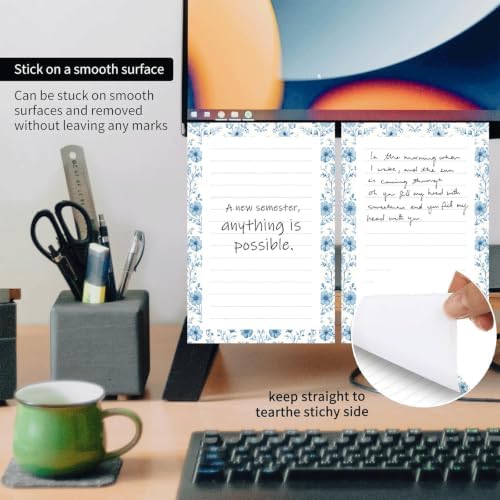 2 Pack Lined Sticky Notes 4x6 in, Cute Self-Stick Notepads with Lines, Large Memo Pads Strong Adhesive for Office, Home Cute Blue Flowers