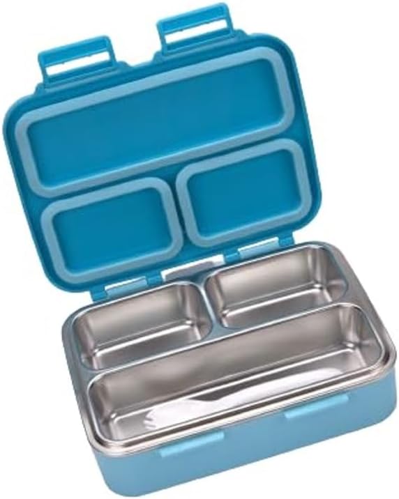 kinsho Stainless Steel Bento Box Lunch Container for Boys Kids, Blue | Heavy Duty, Removable Metal Tray with Silicone Seals, Reuseable Meal or Snack Container for School 790 mL
