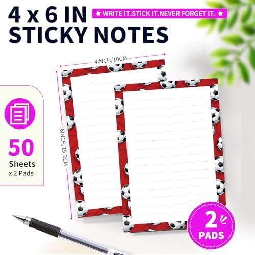 Lined Sticky Notes 4x6 in, 2 Pack Large Cute Notepads with Lines Self-Stick Note Pad, Funny Memo Pads Strong Adhesive for Office, Home Red Cute Soccer