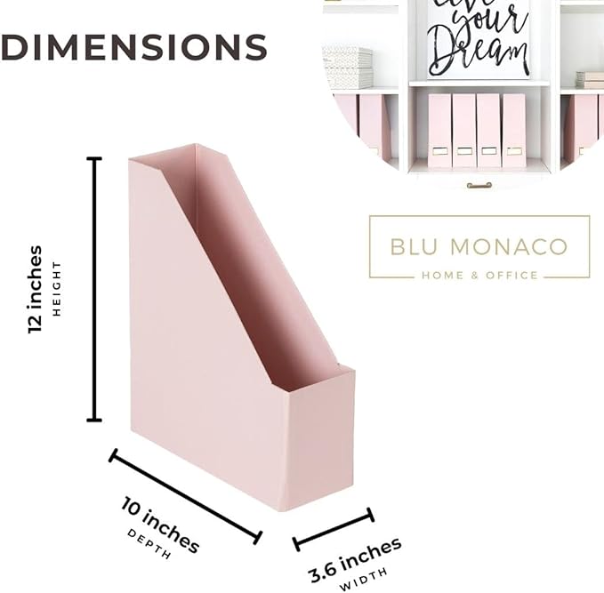 BLU MONACO | Cardboard Magazine File Holder Set of 6 Pink | Vertical Magazine File Holder with Gold Label Slots | Standing File Holder and Cardboard Bins for Shelves Desk Storage
