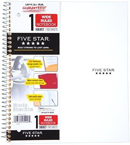 Five Star Spiral Notebook + Study App, 1 Subject, Wide Ruled Paper, 8" x 10-1/2", 100 Sheets, Fights Ink Bleed, Water Resistant Cover, White (72877)