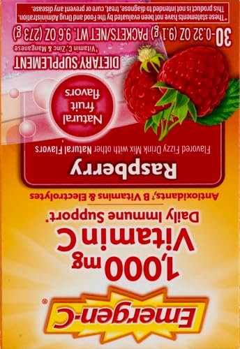 Emergen-C 1000mg Vitamin C Immune Support Powder Raspberry 30CT Includes Zinc, Manganese, 7 B Vitamins and Electrolytes for Back to School Essentials (Pack of 12)