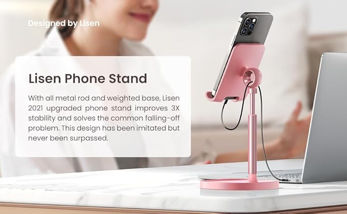 LISEN Pink Vanity Girls Room Decor Kitchen Accessories, Cute Pink Cell Phone Stand Bathroom Living Room Essentials Decor Offices Desk Accessories for iPad mini Phone Holder 4-10 in