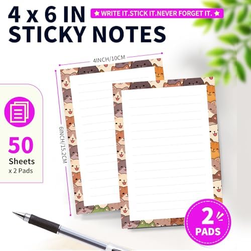 Lined Sticky Notes 4x6 in, 2 Pack Large Cute Notepads with Lines Self-Stick Note Pad, Funny Memo Pads Strong Adhesive for Office, Home Cute Funny Cats