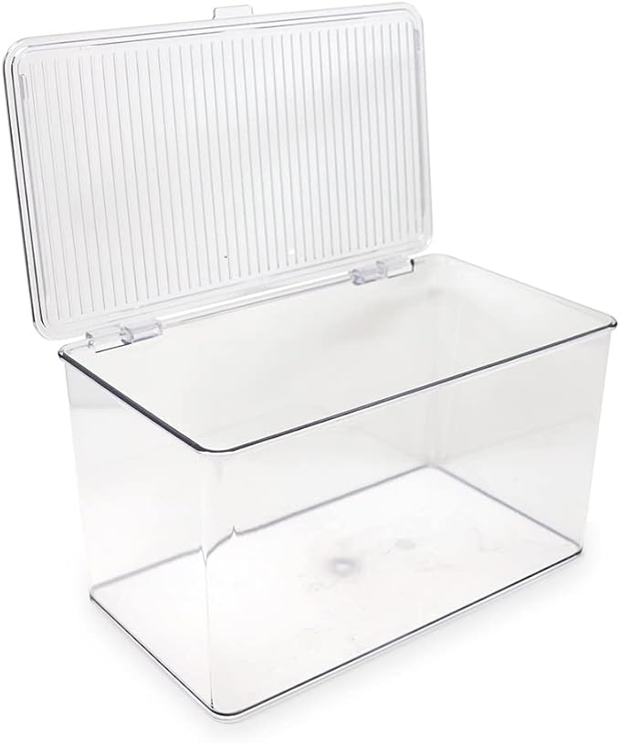 Isaac Jacobs Large Stackable Organizer Bin (10.75” x 6.5” x 6.1”) w Hinged Lid Clear Storage Box Home Office School Fridge Bathroom Kitchen Pantry Container BPAFree Food Safe (Large Clear)