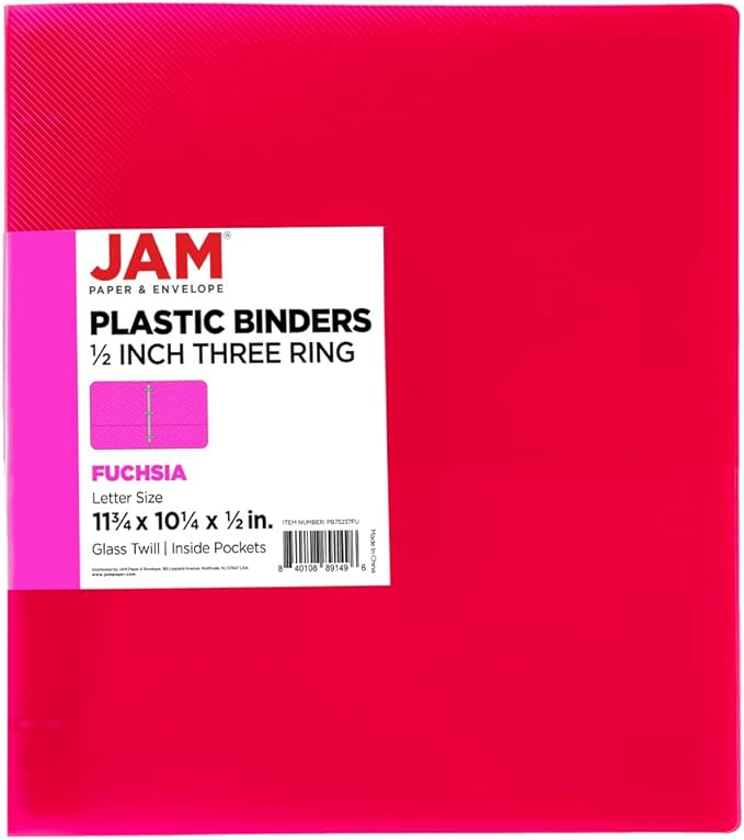JAM PAPER Plastic 0.5 inch Binder - Fuchsia Pink 3 Ring Binder - Sold Individually