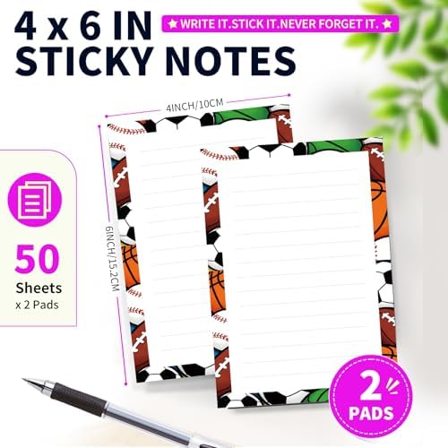 Lined Sticky Notes 4x6 in, 2 Pack Large Cute Notepads with Lines Self-Stick Note Pad, Funny Memo Pads Strong Adhesive for Office, Home Colorful Cute Balls