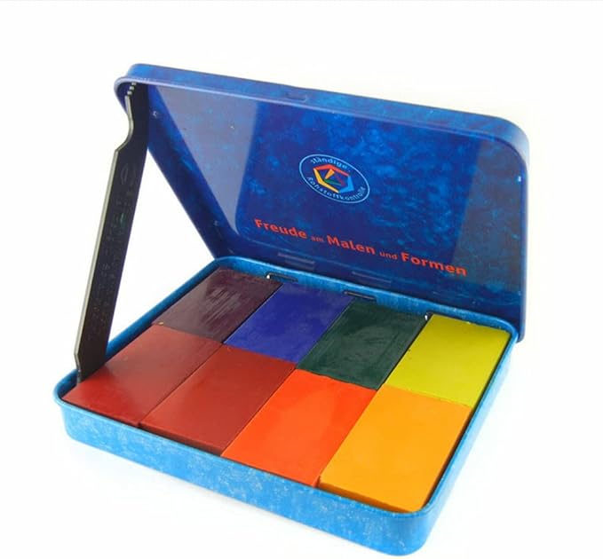Stockmar Beeswax Block Crayons, Set of 8 - Non Toxic, Safe, Natural Jumbo Crayons For Kids & Adults - Waldorf Homeschool -Waldorf Art Supplies - In Storage Tin Case, Made in Germany
