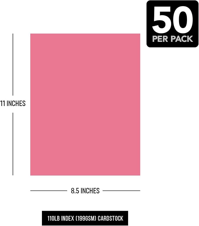 8.5 x 11" Cherry Pink Pastel Color Cardstock Paper – Great for Arts & Crafts, Wedding Invitations, Cards and Stationery Printing | Medium to Heavy Card Stock 110lb Index (199gsm) | 50 Sheets per Pack