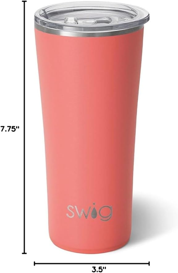 Swig Life 22oz Insulated Tumbler, Travel Coffee Tumbler with Lid, Cup Holder Friendly Travel Coffee Mug, Stainless Steel (Coral)