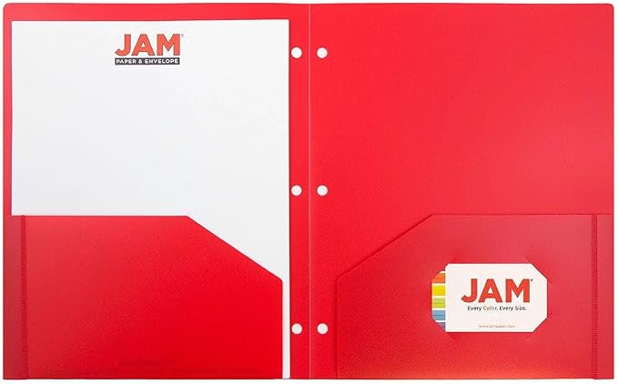 JAM PAPER Heavy Duty Plastic 3 Hole Punch Pocket Folders - Extra Tough School Folders - Red - Bulk 48/Pack