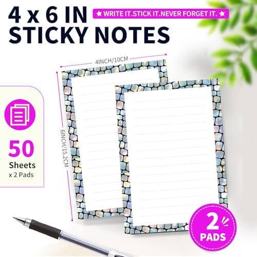 Lined Sticky Notes 4x6 in, 2 Pack Large Cute Notepads with Lines Self-Stick Note Pad, Funny Memo Pads Strong Adhesive for Office, Home Colorful Plaid