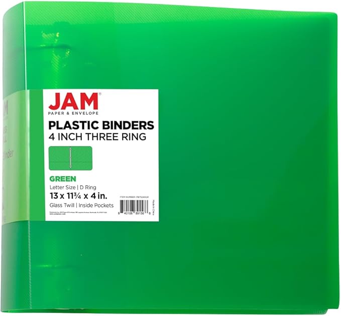 JAM PAPER Plastic 4 inch Binder - Green 3 Ring Binder - Sold Individually