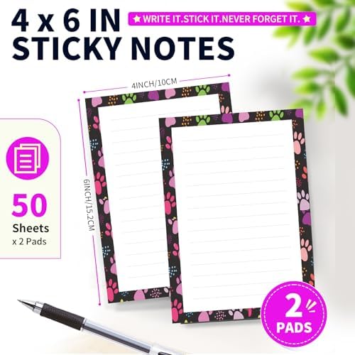 Lined Sticky Notes 4x6 in, 2 Pack Large Cute Notepads with Lines Self-Stick Note Pad, Funny Memo Pads Strong Adhesive for Office, Home Cute Dog Paws
