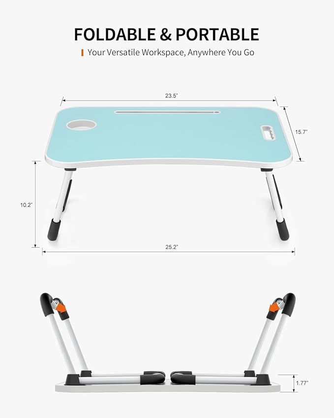 FISYOD Foldable Laptop Table, Portable Lap Desk Bed Table Tray, Laptop Stand with Cup Holder & Tablet Slot & Lifting Handle for Working Writing Drawing & Eating (Blue)