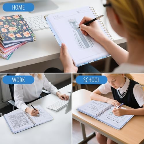Hardcover Spiral Notebook 8.5" x 11" with Removable Dividers, 300 Pages 5 Subject College Ruled Notebook for Work with Tabs, A4 Spiral Journal for Women Men, School Students Note Taking, Blue Floral