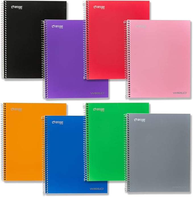 Top Flight Wired 5-Subject Wirebound Notebook with 8 Pockets, 160 Sheets, College Rule, 11 x 8.875 Inches, 1 Notebook, Cover May Vary (33182)