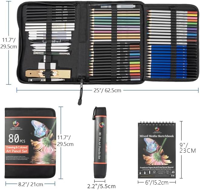 H & B 80 PCS Pro Drawing & Art Supplies Set, Sketching Kit with Watercolor, Metallic & Oil Based Colored Pencils, Charcoal Pencils & Gel Pens for Adult Artists Beginners, Includes Sketch Book & Case