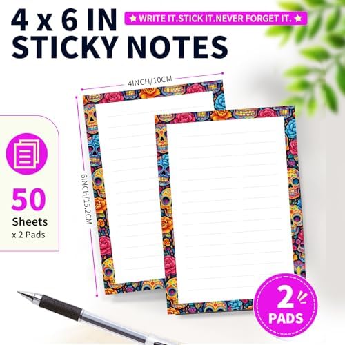 Lined Sticky Notes 4x6 in, 2 Pack Large Cute Notepads with Lines Self-Stick Note Pad, Funny Memo Pads Strong Adhesive for Office, Home Colorful Funny Skulls