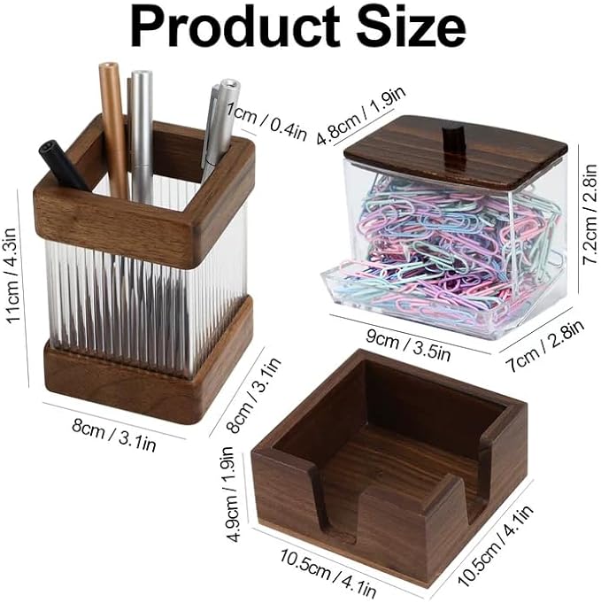 MultiBey Walnut Desk Organizer Set, Wooden Office Desktop Organization with Acrylic Pen Holder, Sticky Note Dispenser & Paper Clip Box, Elegant Walnut Desk Accessories for Home Office Gift