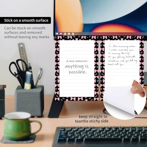 2 Pack Lined Sticky Notes 4x6 in, Cute Self-Stick Notepads with Lines, Large Memo Pads Strong Adhesive for Office, Home Pink Cute Bowties