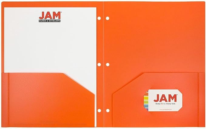 JAM PAPER Heavy Duty Plastic 3 Hole Punch Pocket Folders - Extra Tough School Folders - Orange - 12/Pack