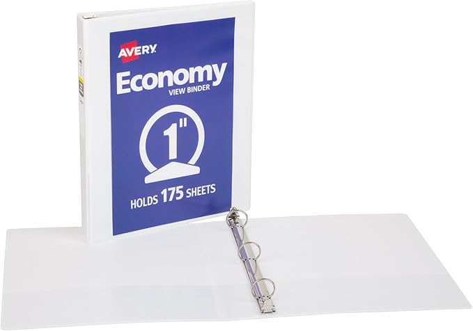 Avery Standard View 3 Ring Binders, 1" Round Rings, 175-Sheet Capacity, 1.4 Inch Wide Spine, White Binders, Ideal for Lightweight Organization and Occasional Referencing (12-Pack of 05711)