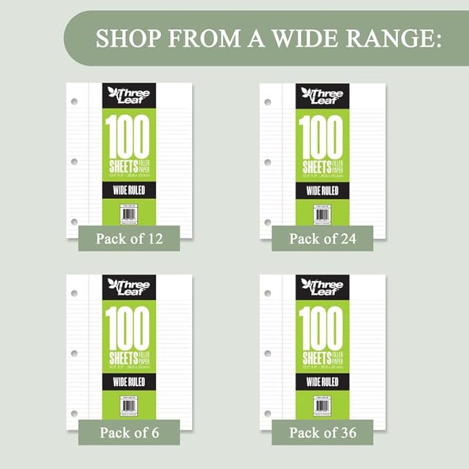THREE LEAF 100 SHEETS WIDE RULED FILLER PAPER, PACK OF 12, LOOSE-LEAF SHEETS FOR SCHOOL AND OFFICE 100 CT. FILLER PAPER, NOTEBOOK PAPER