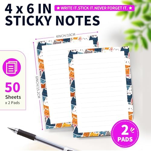 Lined Sticky Notes 4x6 in, 2 Pack Large Cute Notepads with Lines Self-Stick Note Pad, Funny Memo Pads Strong Adhesive for Office, Home Cute Colorful Cats
