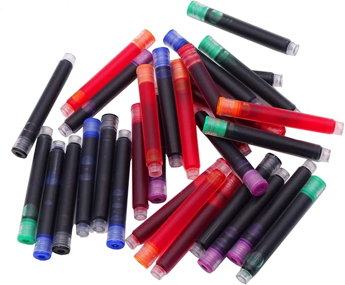 30 PCS Jinhao Fountain Pen Ink Cartridges Refill 6 Colors Set, Black, Blue, Apple Green, Purple, Red and Orange International Standard Size 2.6mm Bore Diameter